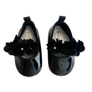 (NWOT) Elegant Baby Girl Black Dress Shoes w/Floral & Rhinestone Details, Size 1